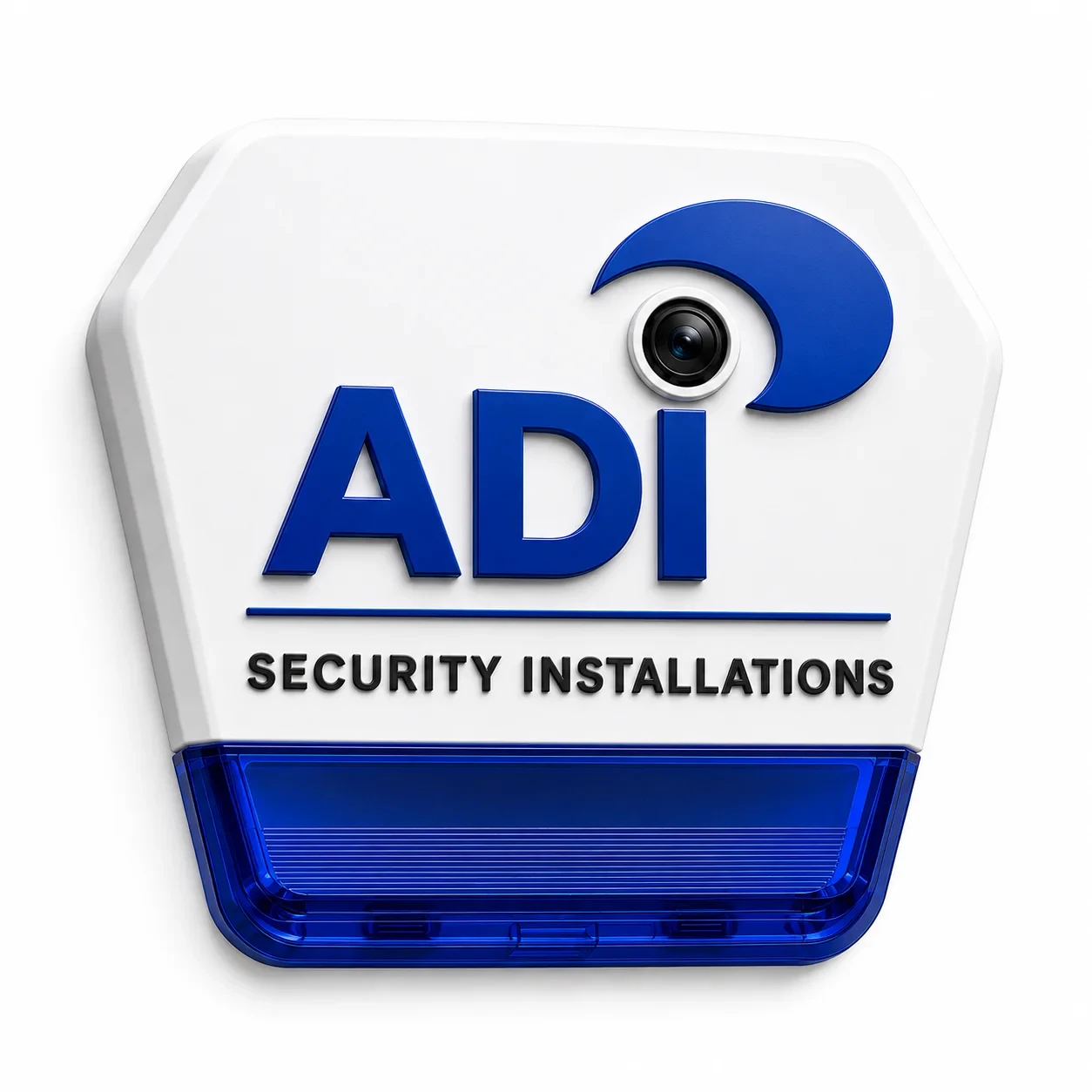 ADI Security Installations alarm bell box with a built-in camera lens and blue light cover