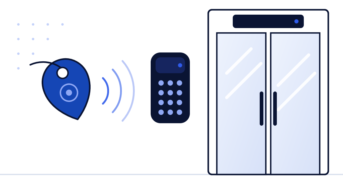 Illustration of a key fob unlocking an office door through a keypad reader