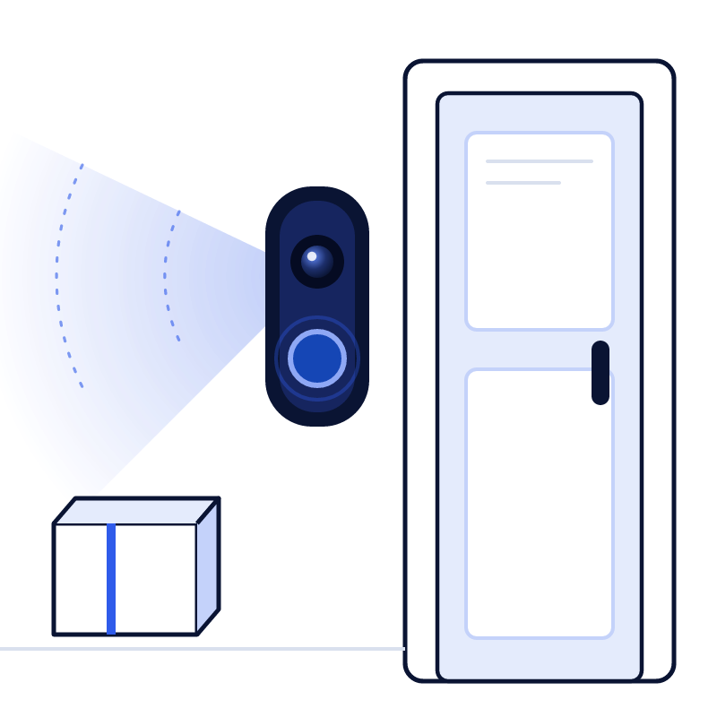 Illustration of a video doorbell beside a front door, watching a parcel on the doorstep