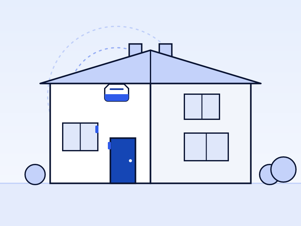 Illustration of a semi-detached home with an alarm bell box and door sensors