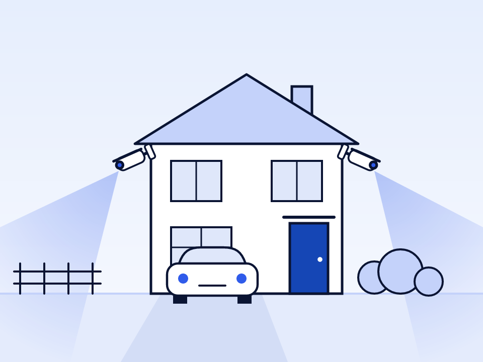 Illustration of a family home with two CCTV cameras covering the driveway