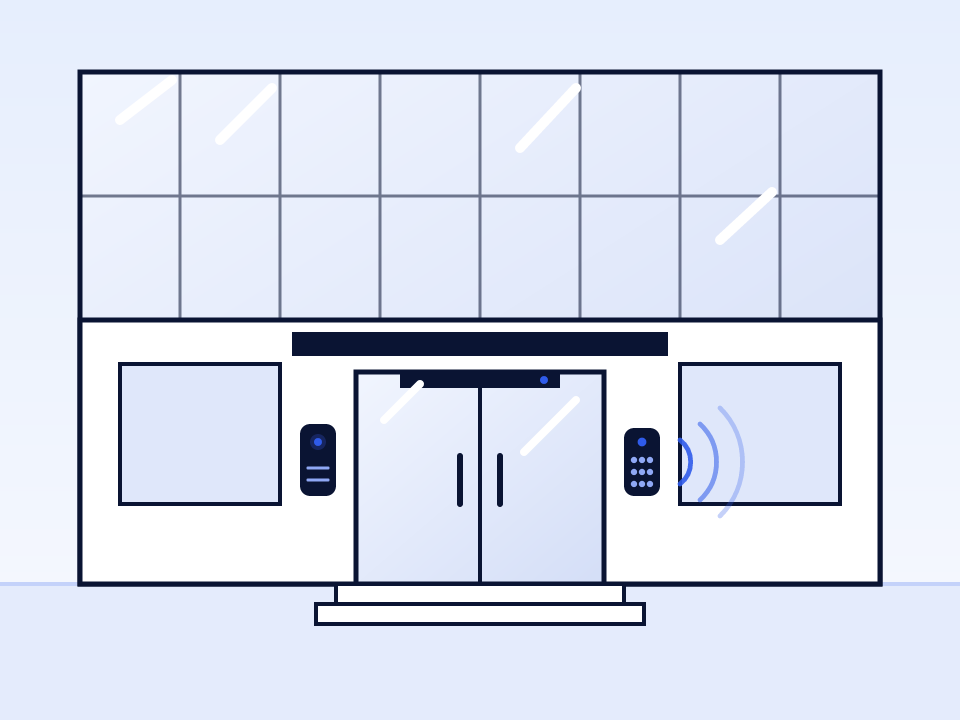 Illustration of an office entrance with a keypad reader and video intercom